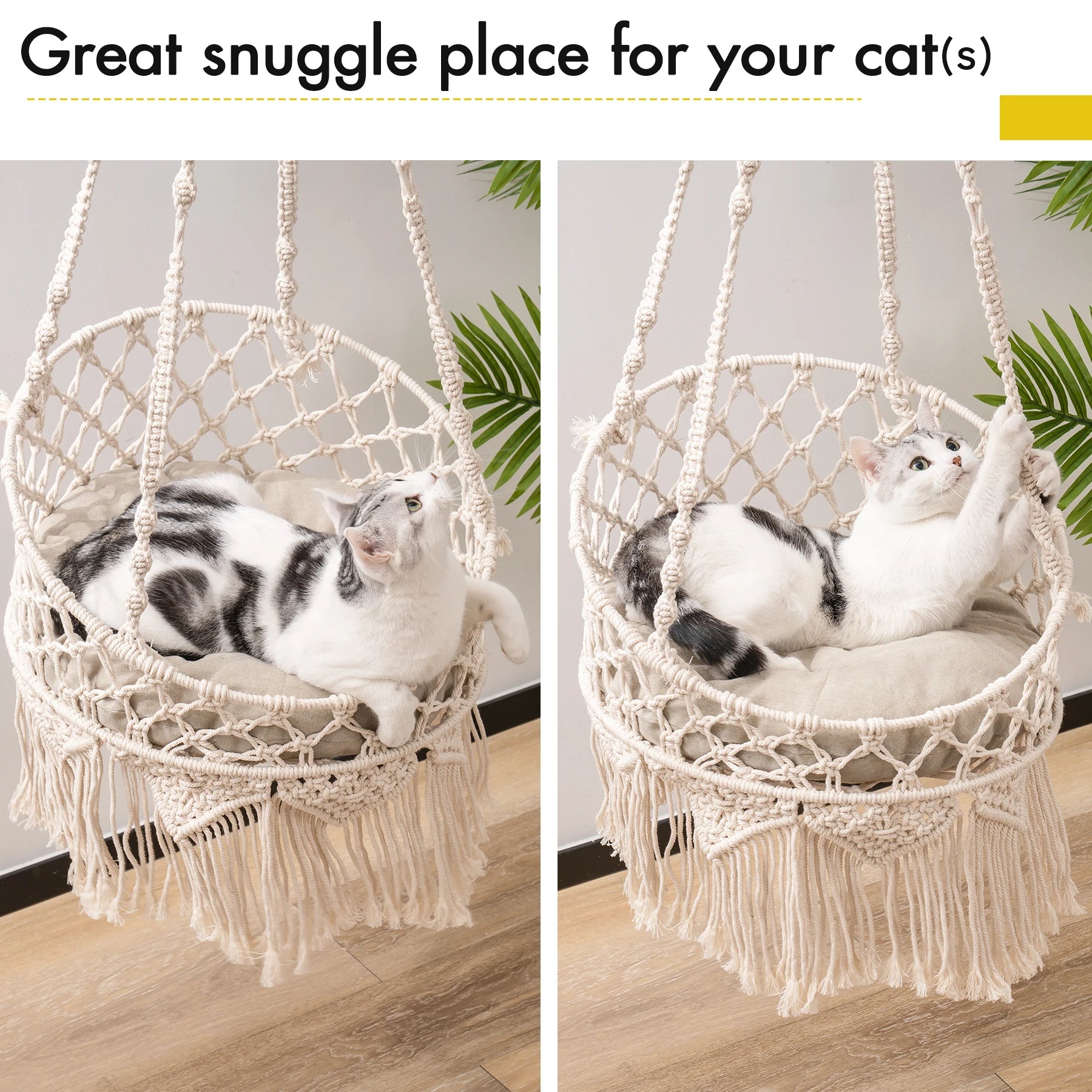 Pet Cat Hammock Swing Bed Bohemian Handwoven Tapestry Cotton Macrame for Home Outdoor Wall Hanging with Cushion