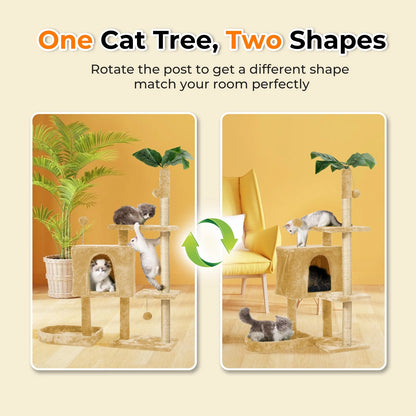 31.5" Cat Tree Cat Tower for Indoor Cats with Green Leaves, Cat Condo Cozy Plush Cat House with Hang Ball and Leaf Shape Design, Cat Furniture Pet House with Cat Scratching Posts, Green