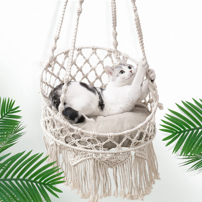 Pet Cat Hammock Swing Bed Bohemian Handwoven Tapestry Cotton Macrame for Home Outdoor Wall Hanging with Cushion